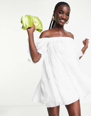 white off the shoulder babydoll dress White Mini Dress - Off-the-Shoulder Dress - Babydoll Mini Dress