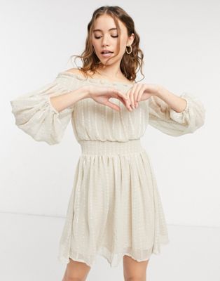 ASOS DESIGN Off shoulder mini dress with blouson sleeve in self stripe cream-White