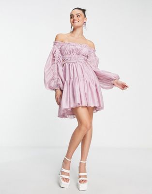 ASOS DESIGN off shoulder mini dress with ruched panelled detail in washed lilac
