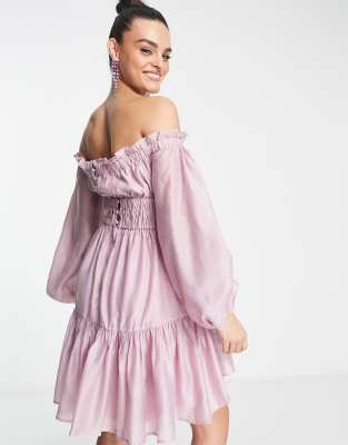 ASOS DESIGN off shoulder mini dress with ruched panelled detail in washed  lilac