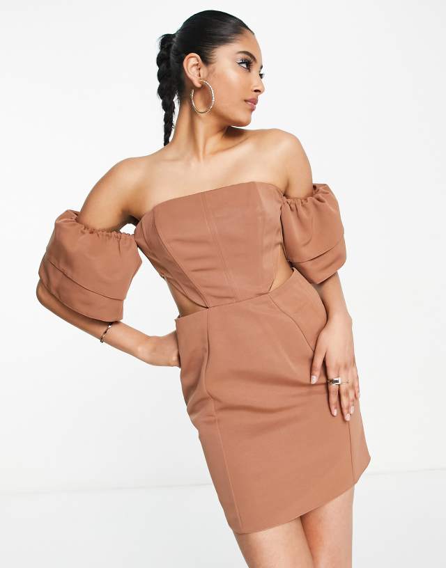 ASOS DESIGN - off shoulder mini dress with sleeve detail and cut out waist in stone