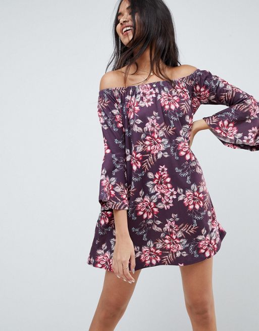 ASOS DESIGN off shoulder mini dress with trumpet sleeve in floral print ...