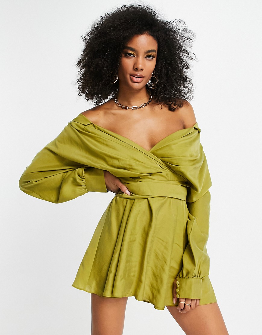 Asos Design Off Shoulder Mini Shirt Dress With Tie Detail In Washed Fabric In Green