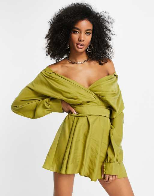 ASOS dress detail | in tie shirt with washed DESIGN shoulder mini green fabric in off ASOS