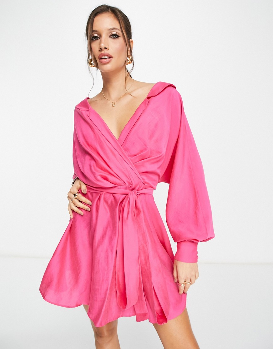 ASOS DESIGN off shoulder mini shirt dress with tie detail in washed fabric in pink