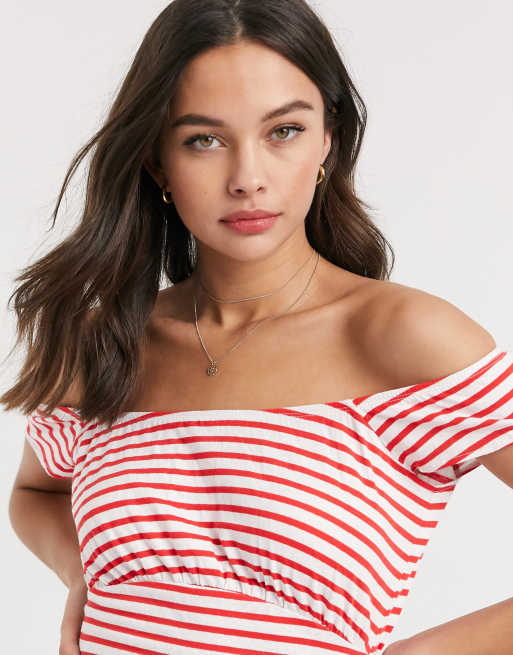 Red and white striped 2025 off the shoulder to