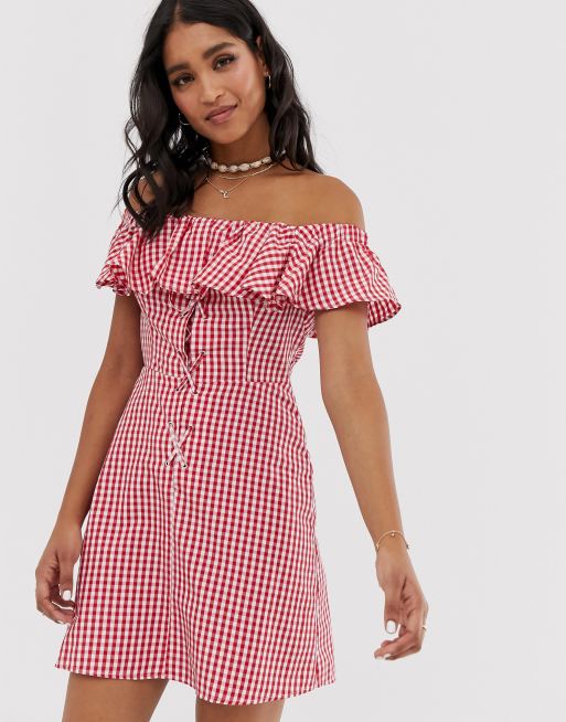 ASOS DESIGN off shoulder mini sundress with frill in gingham