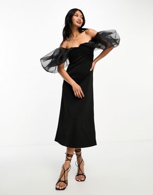 ASOS DESIGN off shoulder organza puff sleeve soft line midi dress in black | ASOS