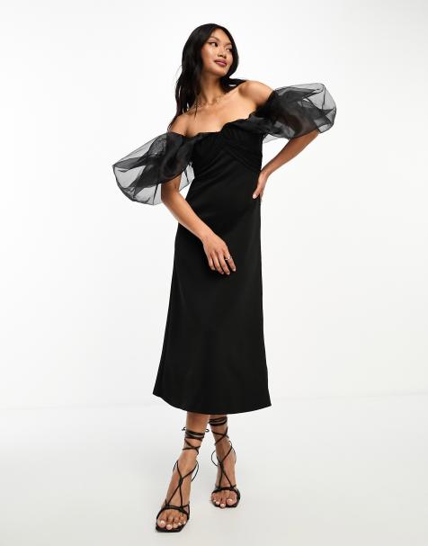 ASOS DESIGN off shoulder organza puff sleeve soft line midi dress in black - view 1