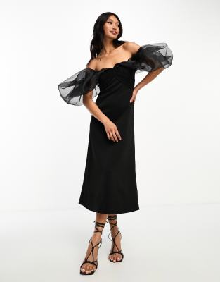 asos design off shoulder organza puff sleeve soft line midi dress in black