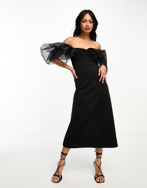 ASOS DESIGN off shoulder organza puff sleeve soft line midi dress in black