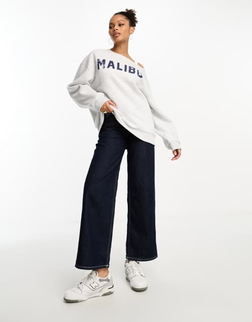 ASOS DESIGN off shoulder oversized sweat with malibu graphic in ice marl