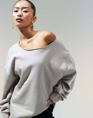 Asos Design Off Shoulder Oversized Sweatshirt In Mink-neutral