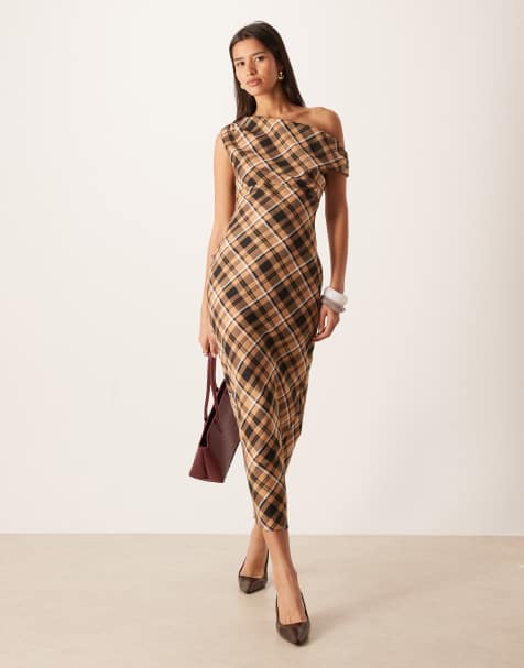 ASOS DESIGN off shoulder pencil midi dress in brown check print - view 1