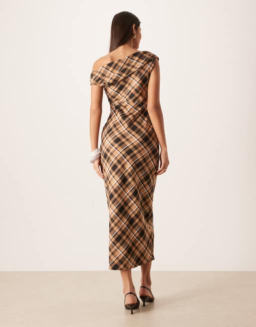 ASOS DESIGN off shoulder pencil midi dress in brown plaid print | ASOS