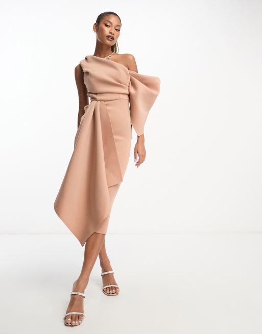 ASOS DESIGN off shoulder pencil midi dress with ruffle detail in camel