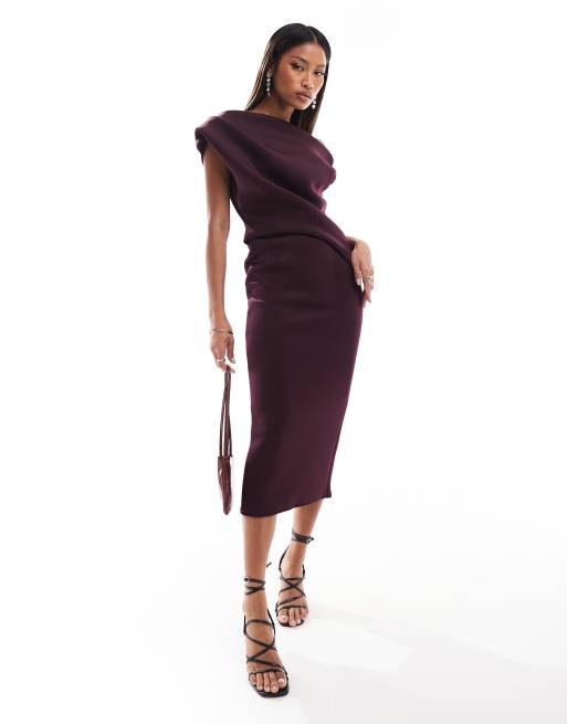 ASOS DESIGN off shoulder pleat waist detail pencil midi dress in aubergine