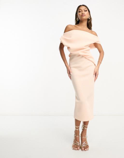 ASOS DESIGN Maternity off shoulder wrap plisse midi dress in soft pink