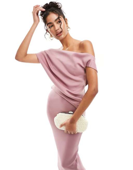 ASOS DESIGN off shoulder pleat waist detail pencil midi dress in mauve in  scuba-style fabric | ASOS