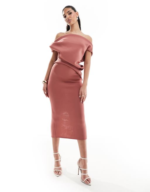 ASOS DESIGN off shoulder pleat waist detail pencil midi scuba dress in rose