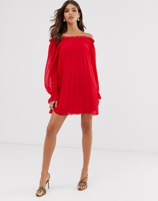 off shoulder pleated dress