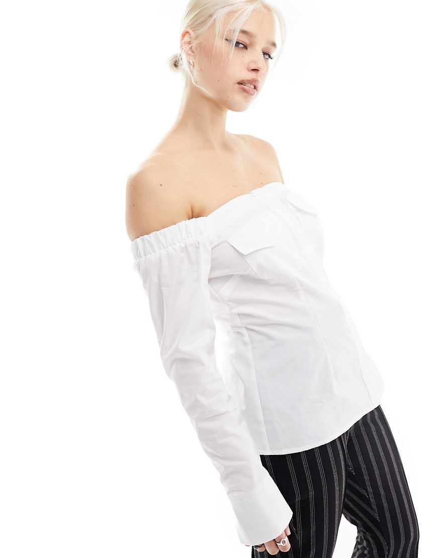 Asos Design Off Shoulder Pocket Shirt In White
