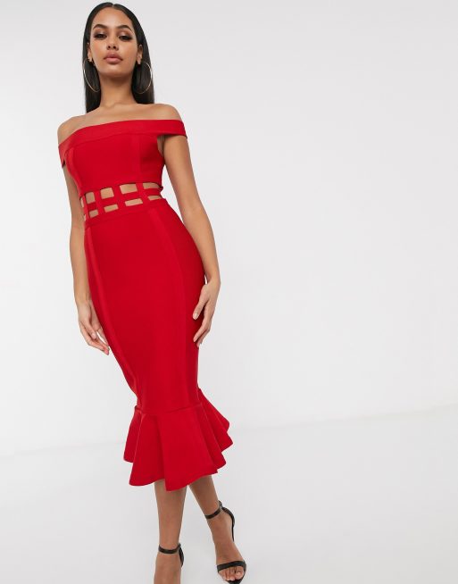 Red bardot frill hem cheap midi dress