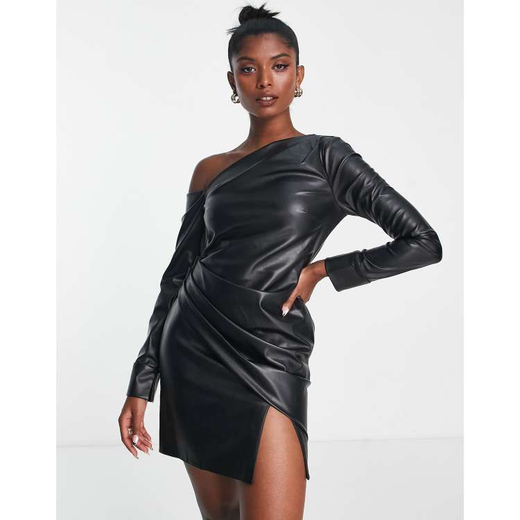 Off the store shoulder leather dress