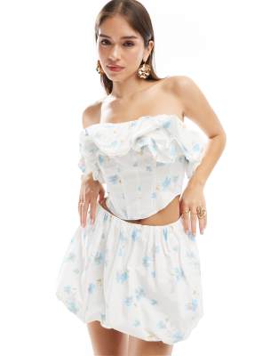 Asos Design Off Shoulder Puff Detail Corset Top In Blue And White Floral - Part Of A Set-multi