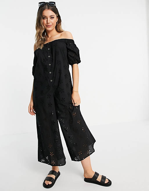 Jumpsuits & Playsuits off shoulder puff sleeve button front jumpsuit in black broderie 
