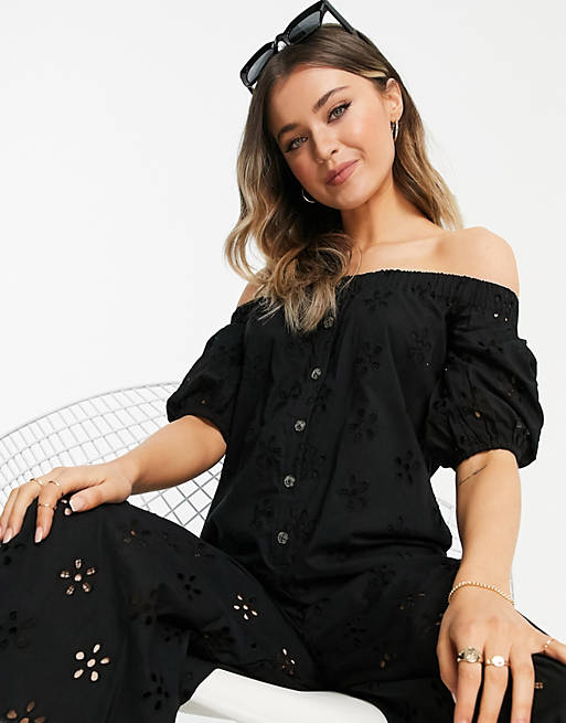 Jumpsuits & Playsuits off shoulder puff sleeve button front jumpsuit in black broderie 
