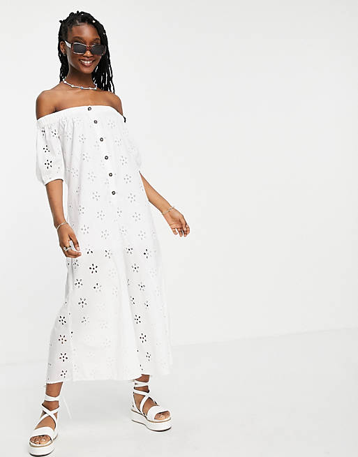  off shoulder puff sleeve button front jumpsuit in white broderie 