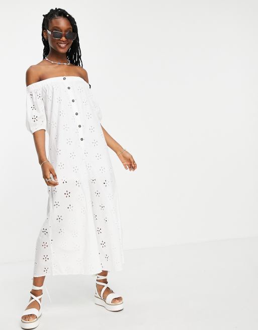 ASOS DESIGN off shoulder puff sleeve button front jumpsuit in white broderie