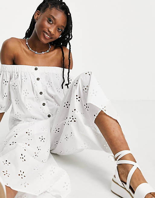  off shoulder puff sleeve button front jumpsuit in white broderie 