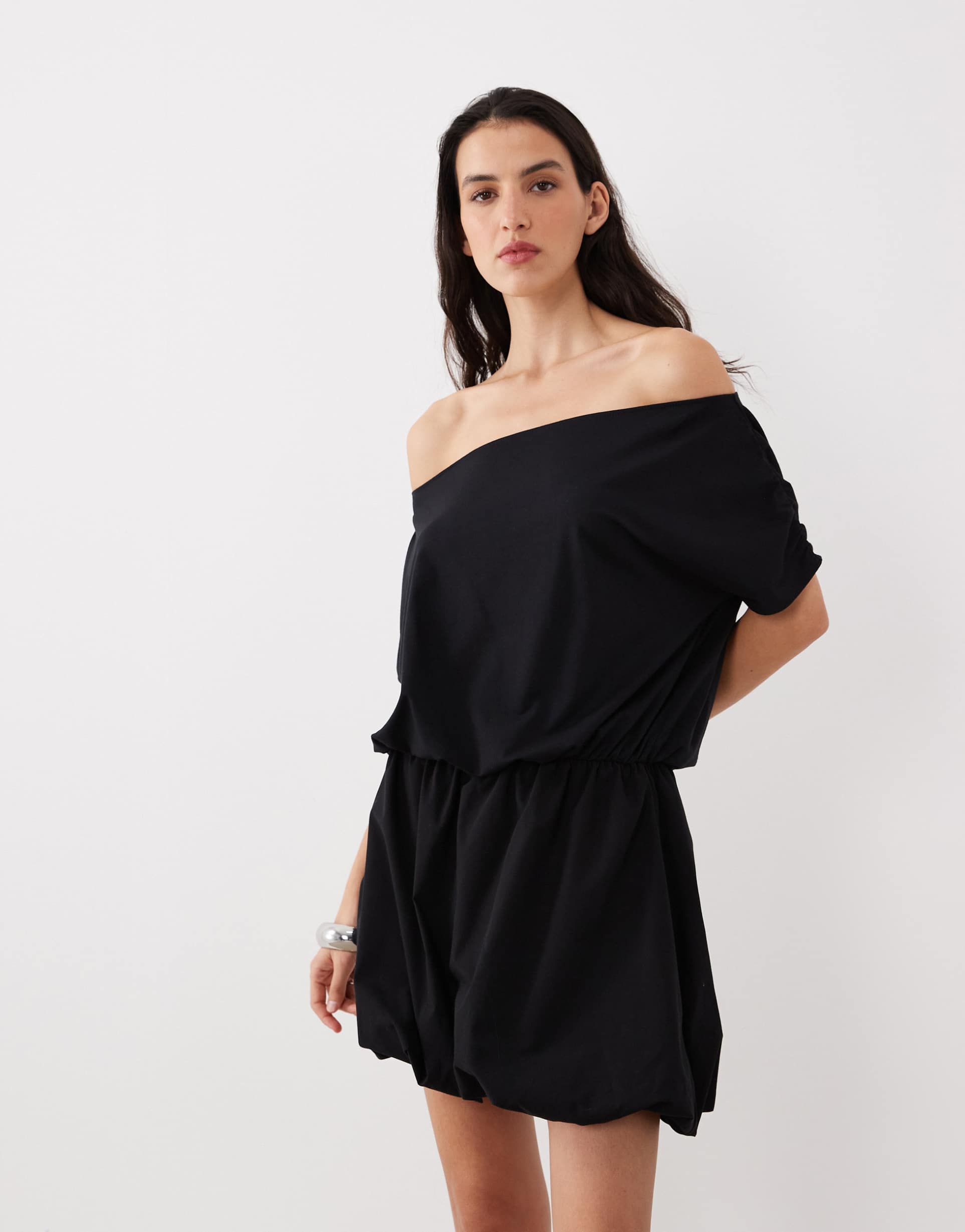 asos design off shoulder puffball mini dress in black