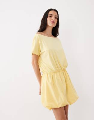 Asos Design Off Shoulder Puffball Mini Dress In Yellow
