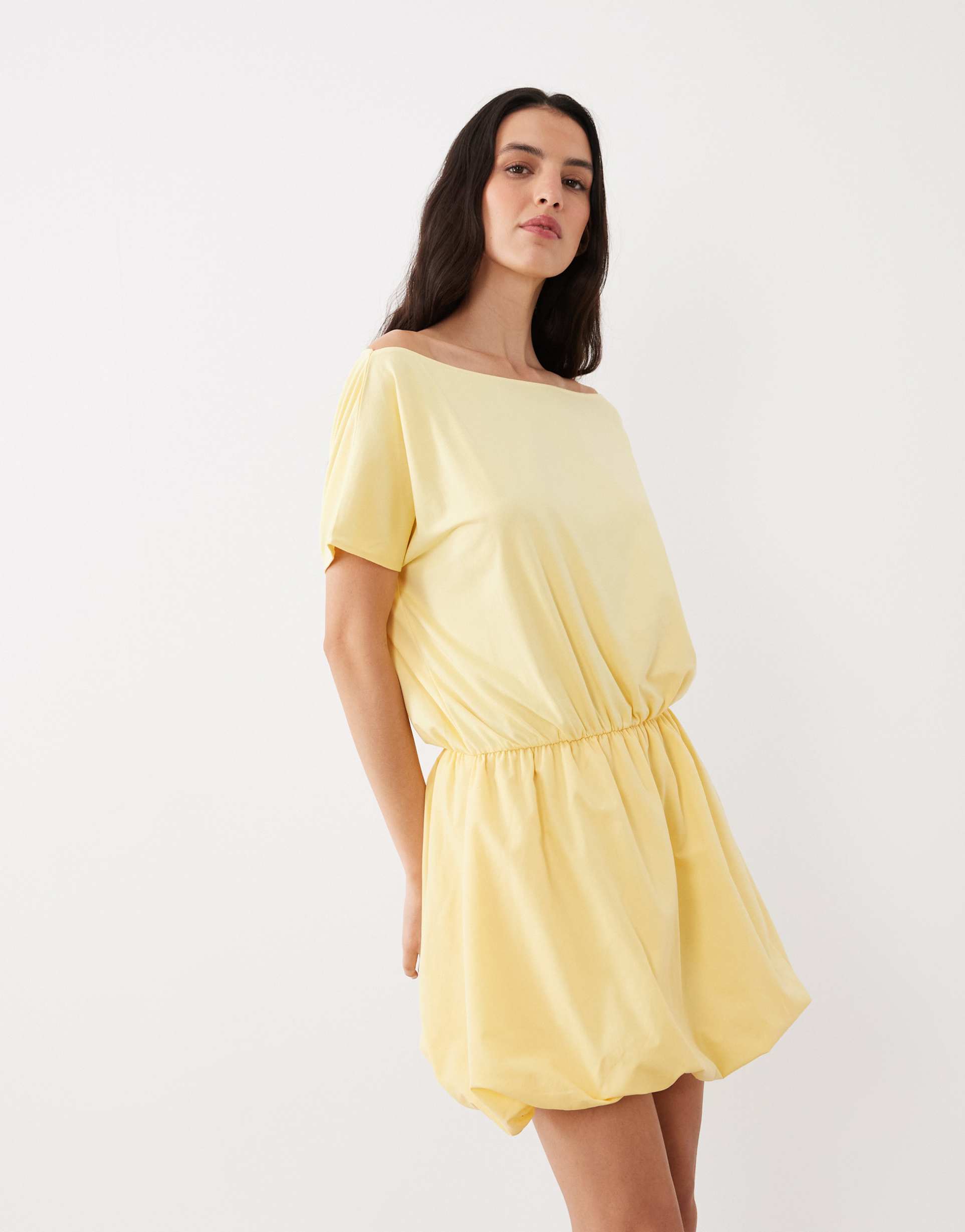 asos design off shoulder puffball mini dress in buttermilk