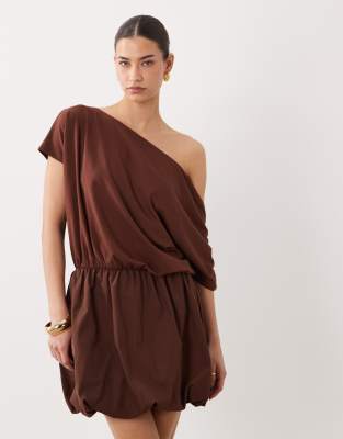 Asos Design Off Shoulder Puffball Mini Dress In Brown