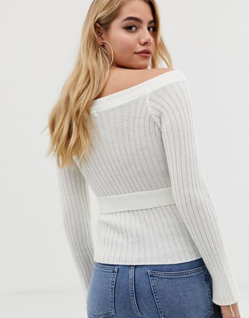 ASOS DESIGN off shoulder sweater in rib in cream