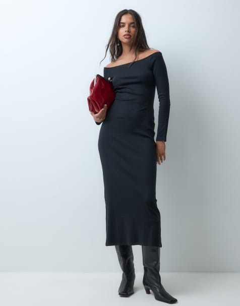 ASOS DESIGN off shoulder rib midi dress in black