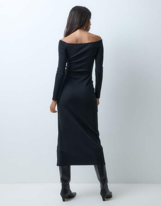 ASOS DESIGN off shoulder rib midi dress in black, 5 of 5