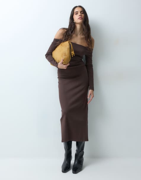 ASOS DESIGN off shoulder rib midi dress in brown