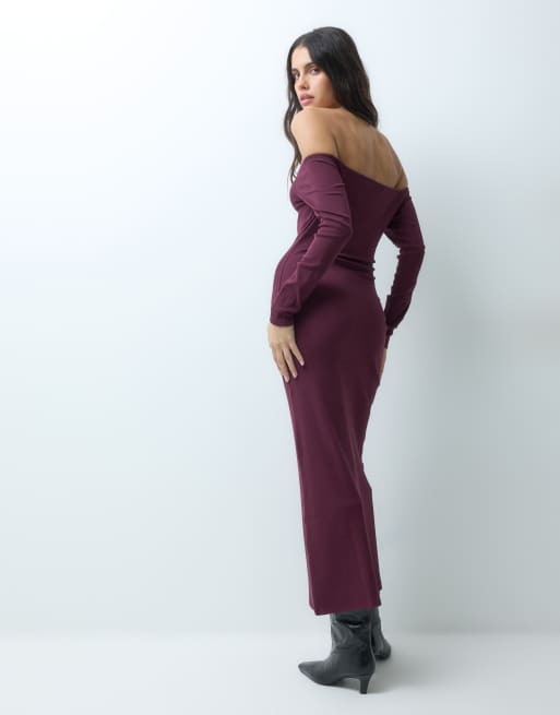 ASOS DESIGN off shoulder rib midi dress in burgundy, 4 of 5