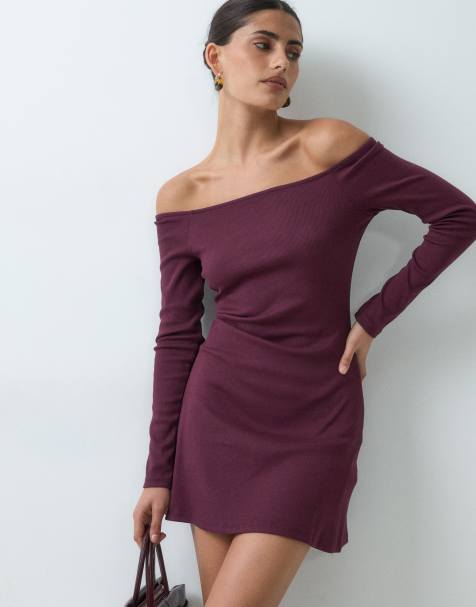 ASOS DESIGN off shoulder rib mini dress in burgundy - view 1
