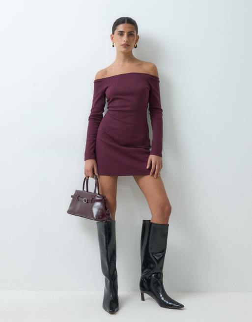 ASOS DESIGN off shoulder rib mini dress in burgundy, 2 of 5