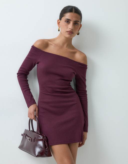 ASOS DESIGN off shoulder rib mini dress in burgundy, 5 of 5