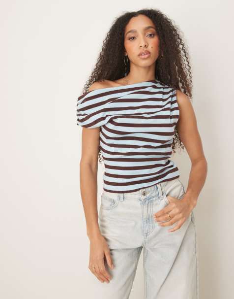 ASOS DESIGN off shoulder ruched  baby tee in brown and blue stripe - view 1
