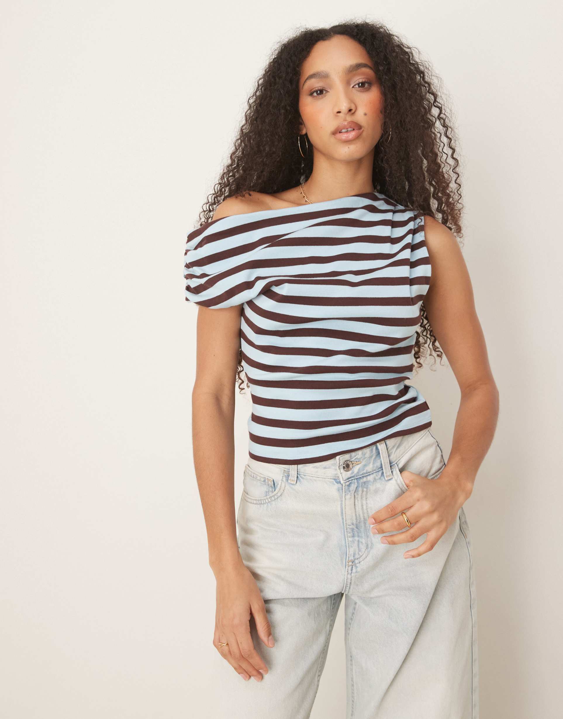 asos design off shoulder ruched baby tee in brown and blue stripe