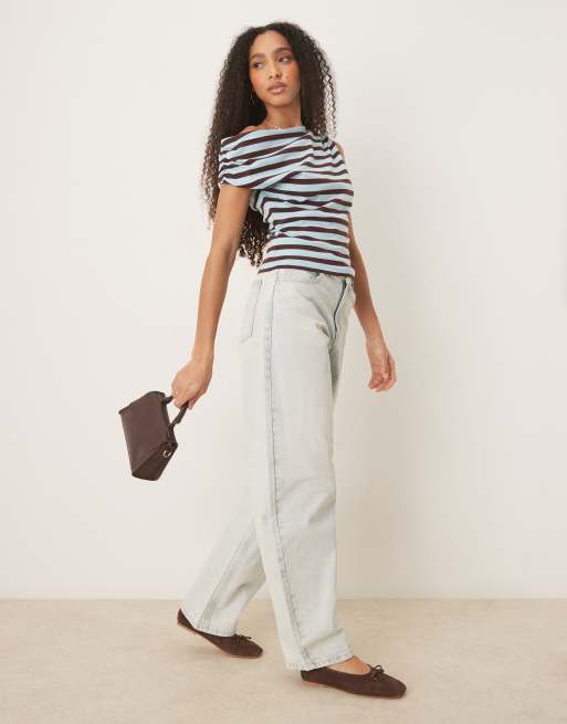 ASOS DESIGN off shoulder ruched baby tee in brown and blue stripe