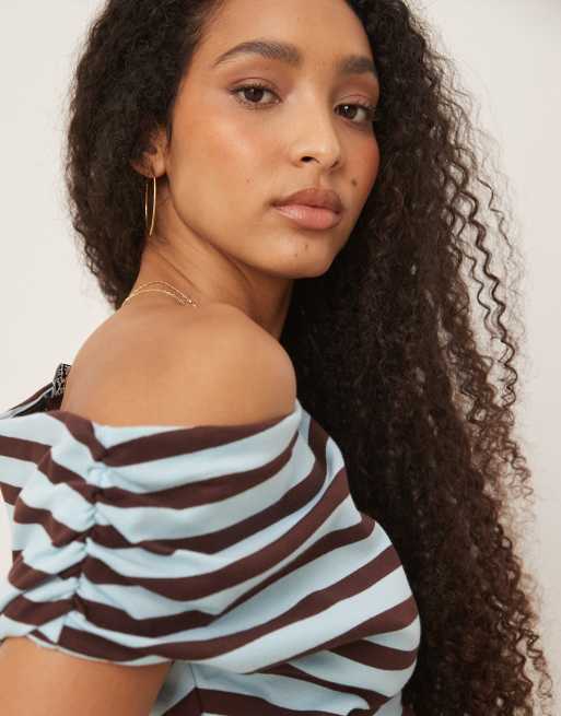 ASOS DESIGN off shoulder ruched baby tee in brown and blue stripe